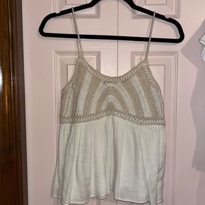 Flowy Bohemian Linen and Crochet Tank Top. Extra Small XS. Cream and tan. Boho.